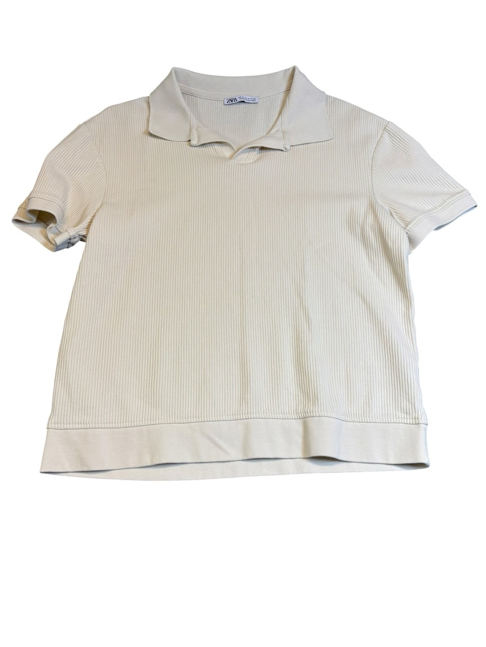 Zara Men's Ribbed Polo Shirt Cream Beige Textured Knit Johnny Collar Medium EUC